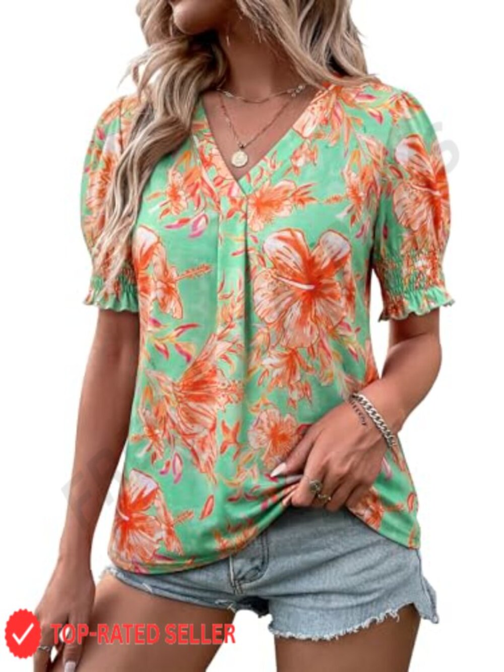 Women's Floral Hawaiian Ruffle Short Sleeve Blouse Pleated V-Neck Top